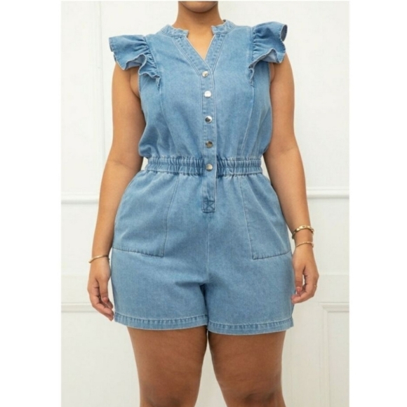 ELOQUII Elements Plus Size Chambray Flutter Sleeve Romper Size 14 - Picture 1 of 8